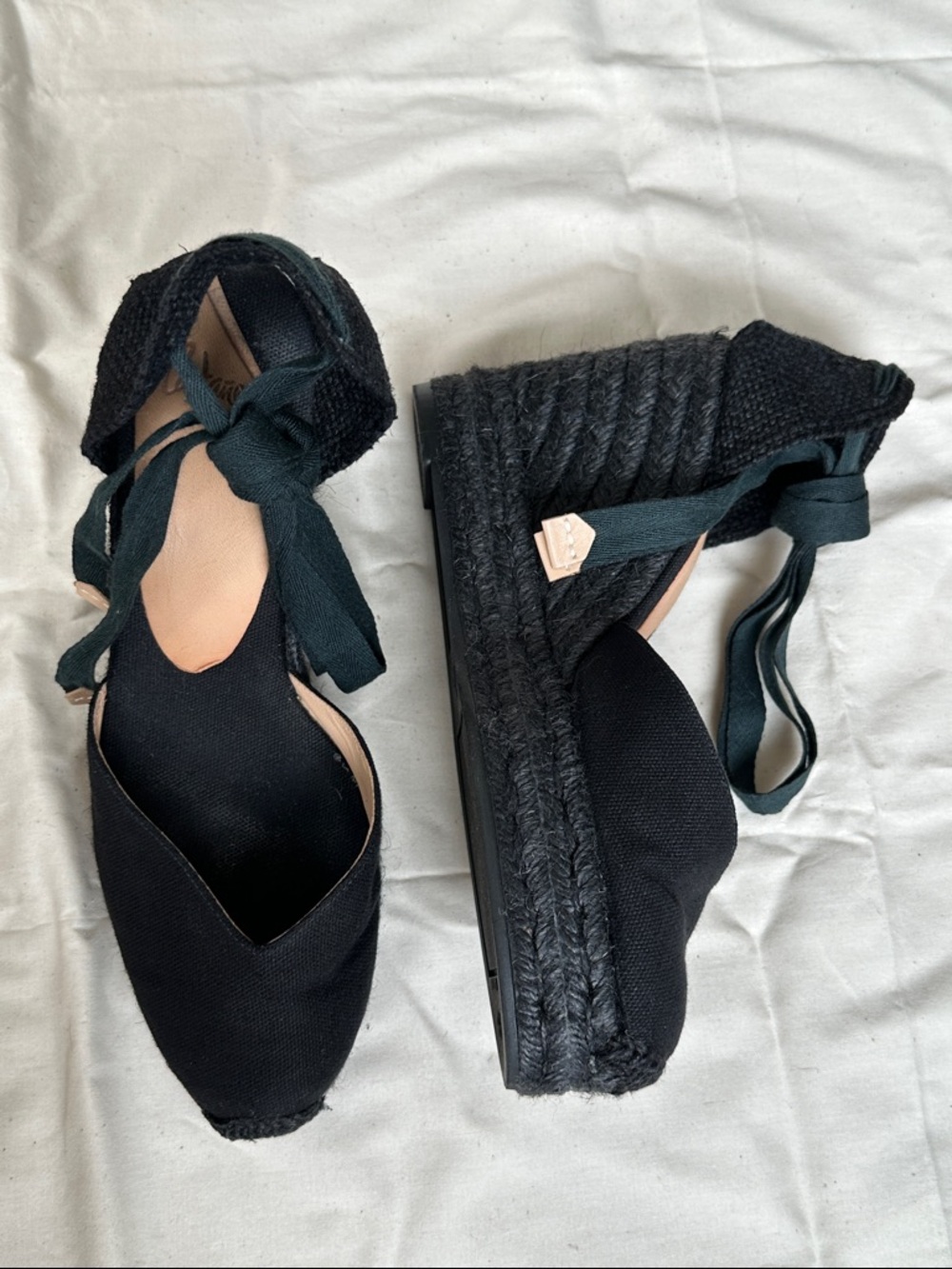 Castañer Black Espadrille Wedge Sandals with Ankle Tie